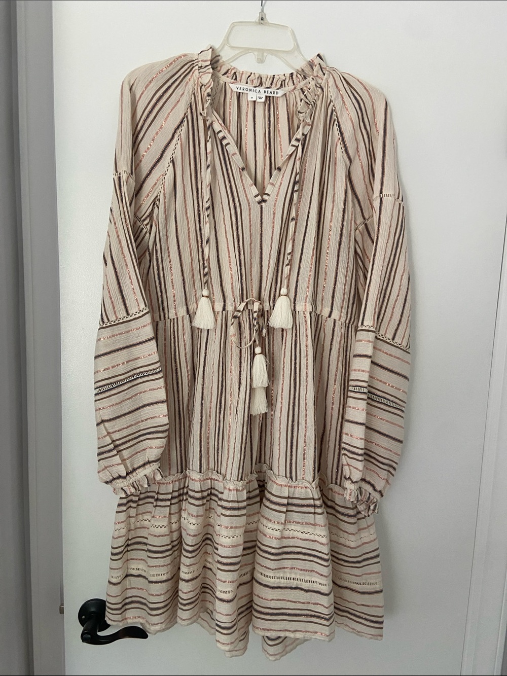 Veronica Beard Danica Cream Dress with Brown & Rust Stripes